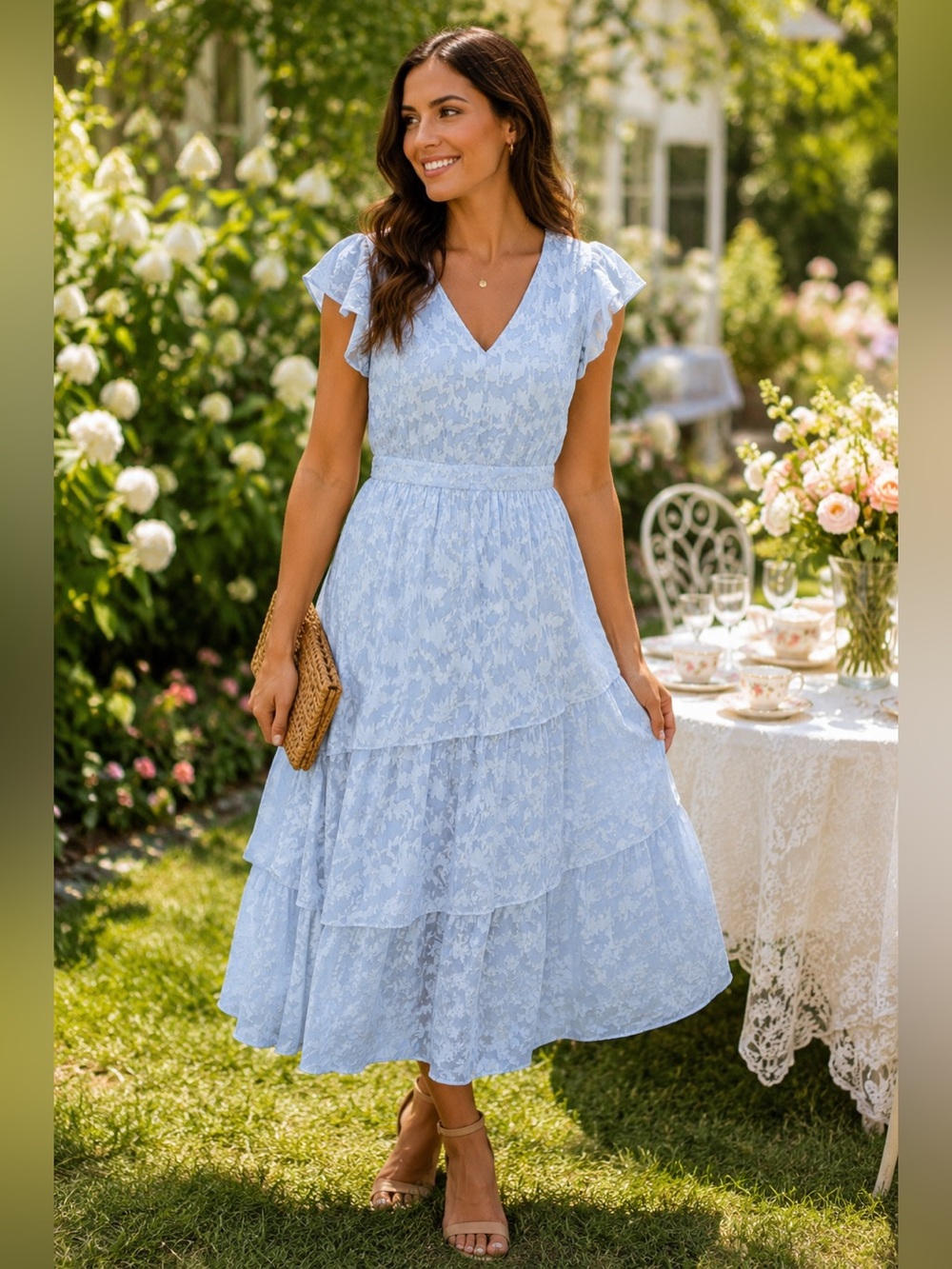 Julia Jordan Dress 10 Blue Floral Burnout Tiered Midi Flutter Sleeve Wedding